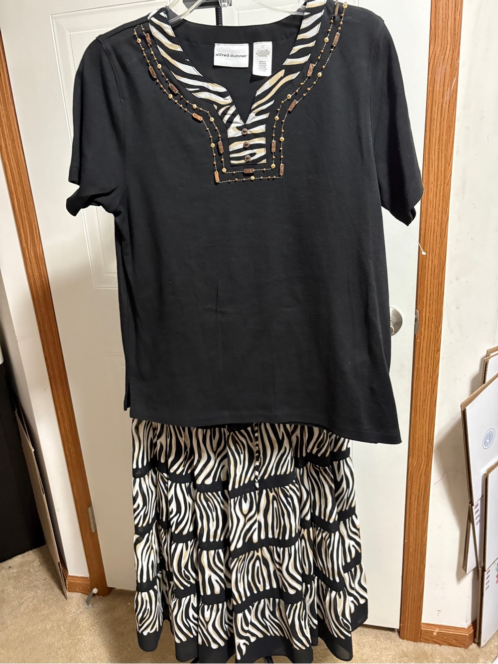 Alfred Dunner Black Short Sleeve Top with Zebra-Print Trim